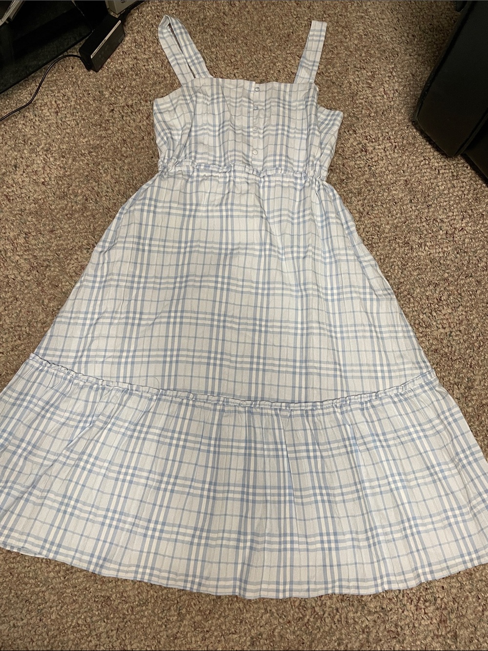 English factory ruffle hem white/Light Blue Plaid check Midi Sundress